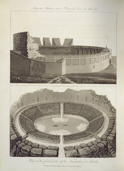 Ancient Theatre, Now a Plaza de Toros, and a View of the Ground Plan of the Naumachia, at Merida, 1816 by English School